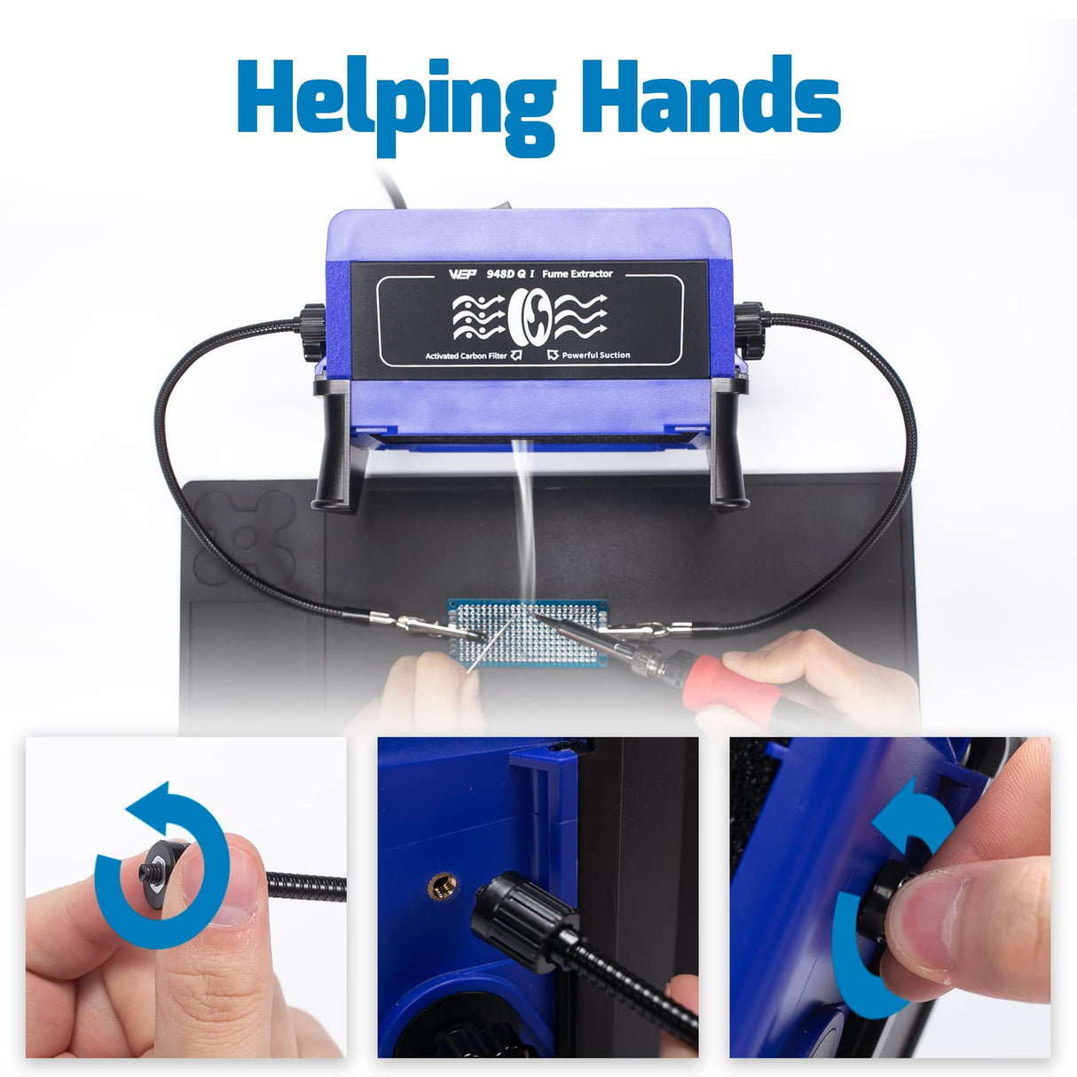 WEP 948DQ-I Fume Extractor Tool with Double Filtering, Helping Hands, Adjustable Tilt Angle, Fenders for Soldering Station, Soldering Iron with 6 WEP
