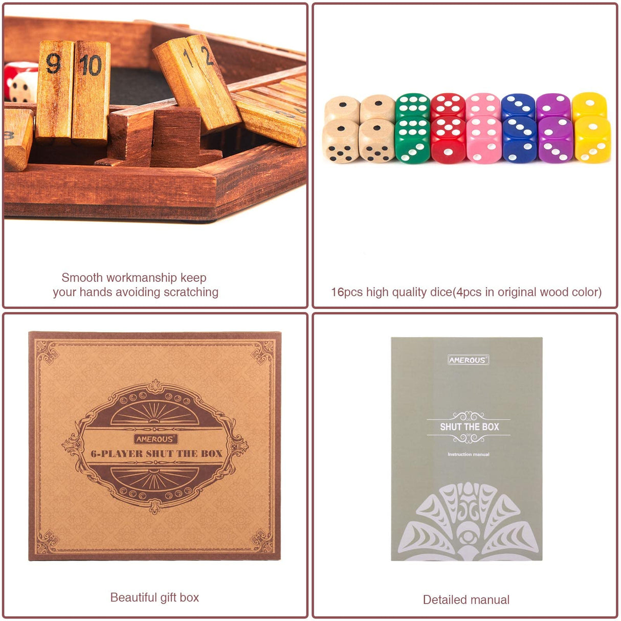 AMEROUS Upgraded 1-6 Players Shut The Box Dice Game, Wooden Board Table Math Game with 16 Dice for Kids Adults, Family Classroom Home Party or Pub AMEROUS
