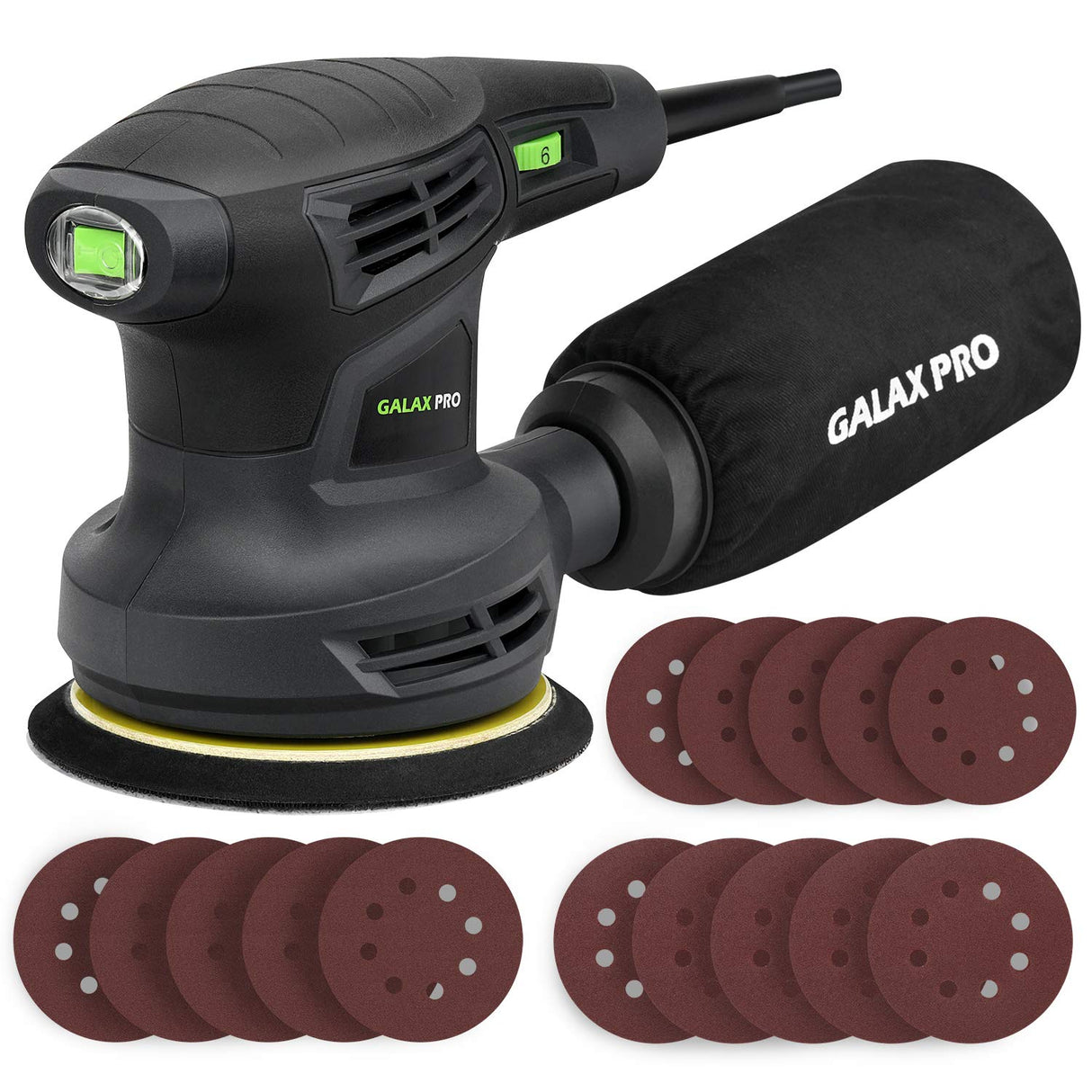 GALAX PRO 280W 13000OPM Max 6 Variable Speeds Orbital Sander with 15Pcs Sanding Discs, 5” electric Sander with Dust Collector for Sanding and GALAX PRO
