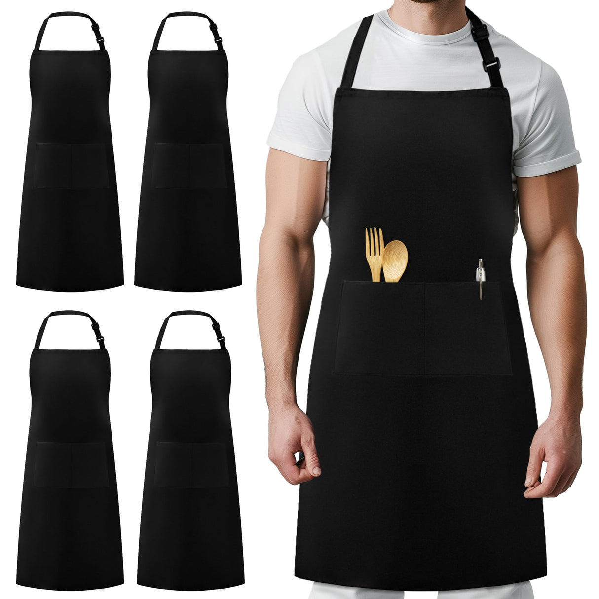 Syntus 4 Pack Chef Apron, 100% Cotton Adjustable Bib Apron Professional Cooking Aprons for Men Women with 2 Pockets, Black Syntus