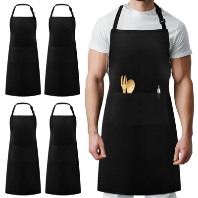 Syntus 4 Pack Chef Apron, 100% Cotton Adjustable Bib Apron Professional Cooking Aprons for Men Women with 2 Pockets, Black