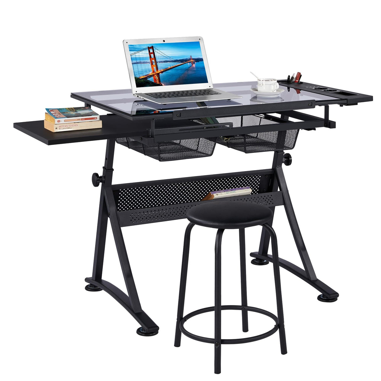 Yaheetech Drawing Table, Art Craft Desk with Adjustable Tabletop, Painters/Artist Work Station, Study Table with Stool, Tempered Glass Top Yaheetech