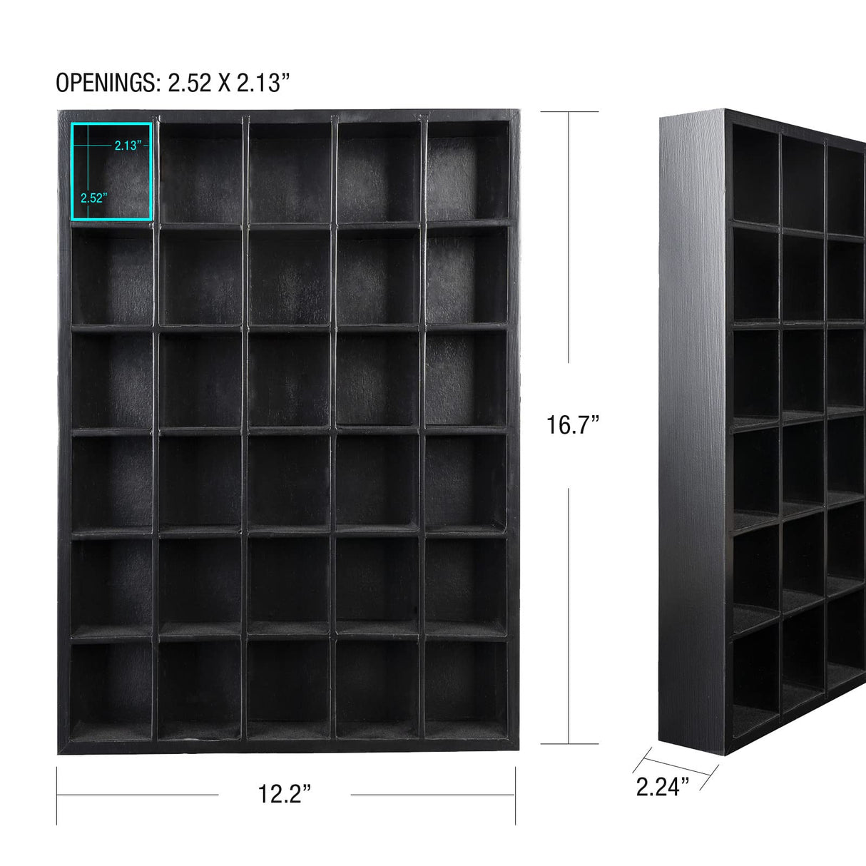 GSM Brands Shot Glass Display Case, Black Wood, Holds Set of 30 Glasses (16.7 x 12.2 - Each Opening Measures 2.52 x 2.13) GSM Brands