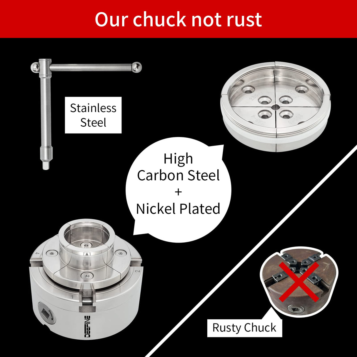 DEEFIINE 4 Inch Wood Lathe Chuck Set 1" x 8 tpi thread & 3/4"x16TPI Adapter, Nickel Plated Self Centering 4 Jaw Wood Turning Chuck set (2PCS jaws) DEEFIINE