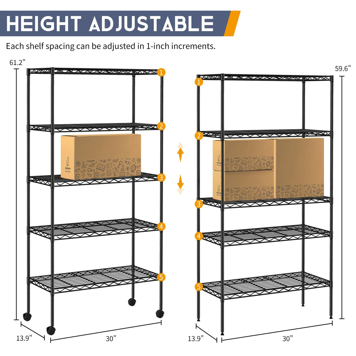 YYkokocat 5-Tier Wire Shelves 61" H x 30" x 14" Metal Storage Shelves Adjustable Wire Shelving Rack with Wheels & Leveling Feet NSF Metal Shelf Unit YYkokocat