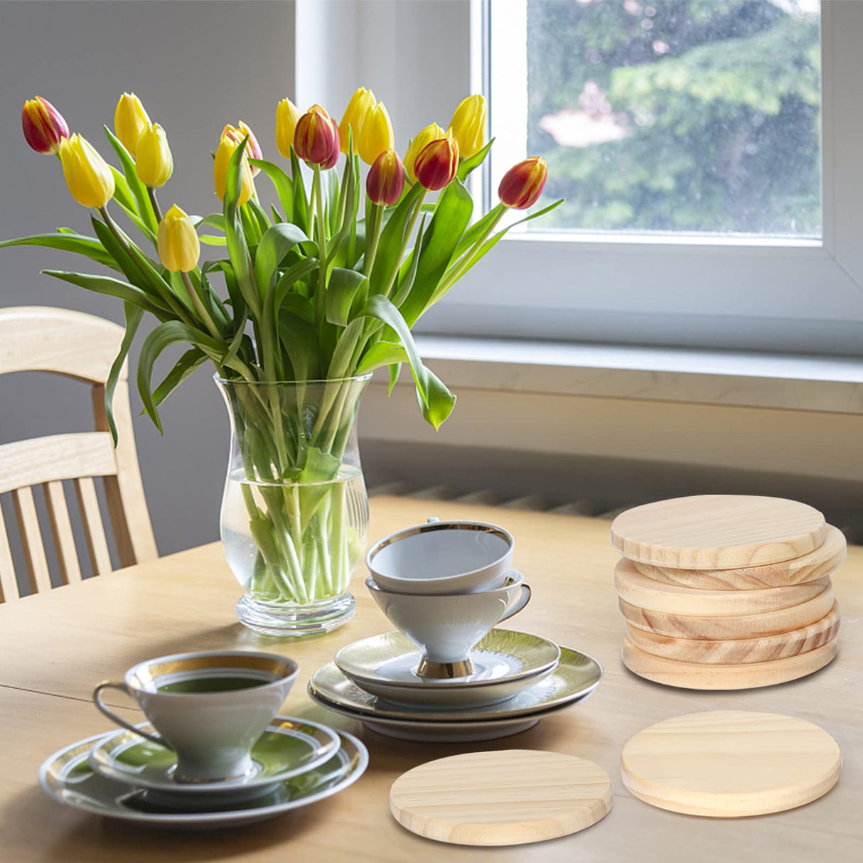 30 Pieces Unfinished Wood Coasters, 4 Inch Round Blank Wooden Coasters for Crafts with Non-Slip Silicon Dots for DIY Stained Painting Wood Engraving Dlerom