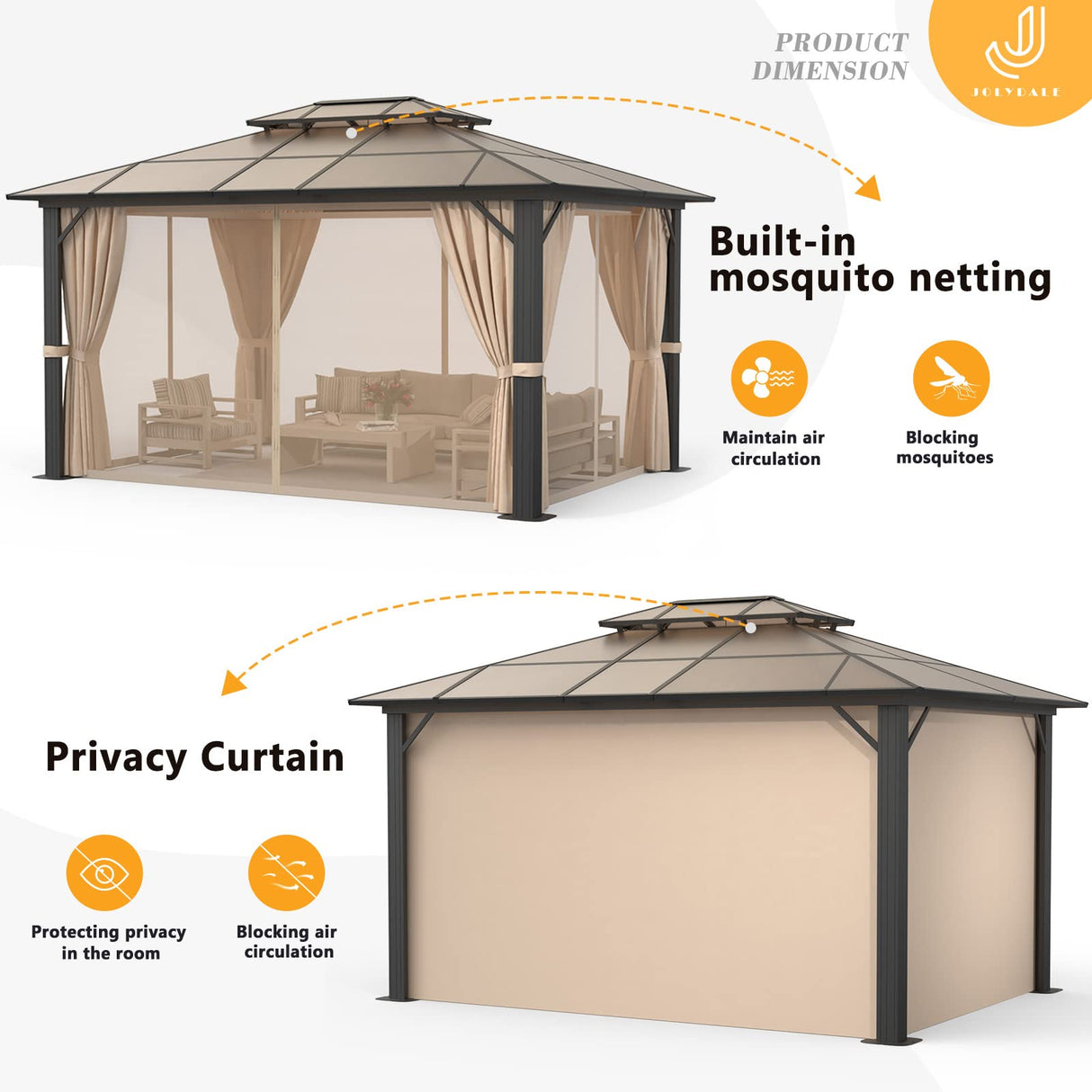 Jolydale 10'x12' Hardtop Gazebo, Double Roof Gazebo, Aluminum Frame Permanent Pavilion with Netting and Curtains, Outdoor Polycarbonate Gazebo, for Jolydale