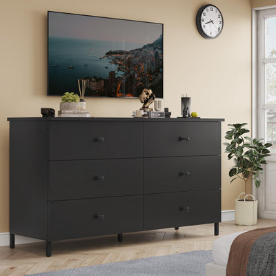 Hasuit 6 Drawers Double Dresser, Wooden Dresser with Heavy Sturdy Steel Frame, Large Capacity Storage Chest of Drawers, Black Dresser for Bedroom,