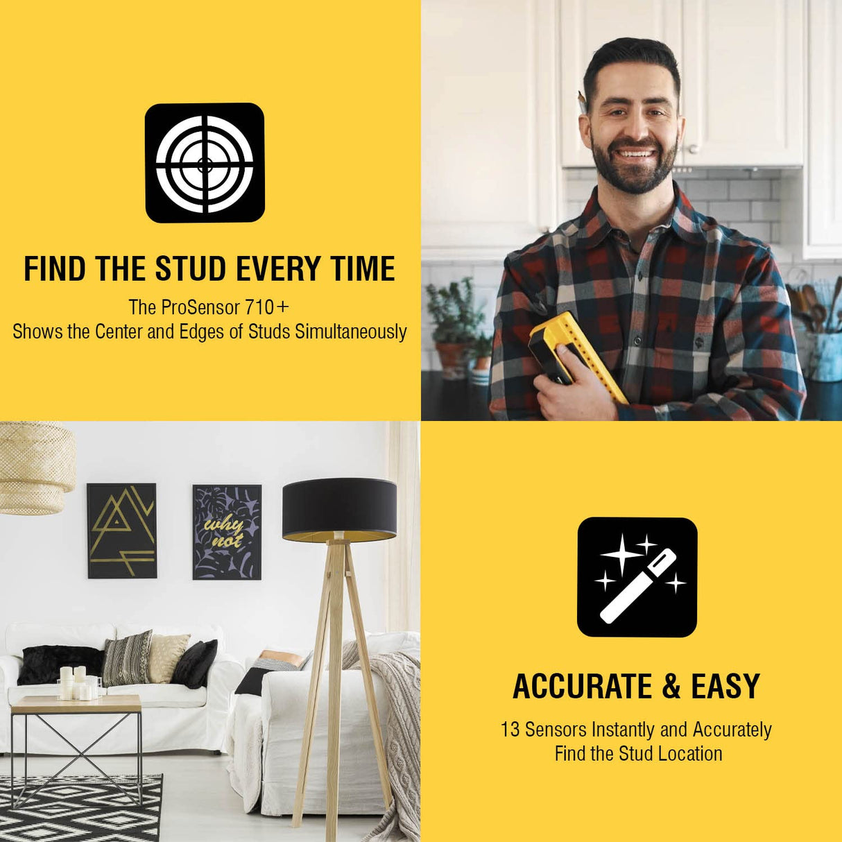 Franklin Sensors ProSensor 710+ Stud Finder with 13-Sensors, Wood & Metal Stud Detector/Wall Scanner, Built-in Bubble Level Franklin Sensors