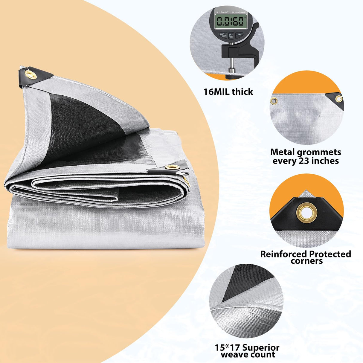 Keten Tarps Heavy Duty Waterproof 12’ X 20’, Extra Thick 16 Mil, Tear & Fade Resistant, 100% UV Blocking, Outdoor Tarp with Reinforced Grommets for Keten