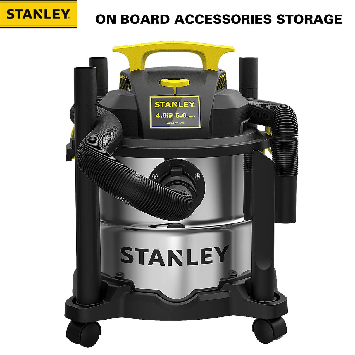 STANLEY SL18115 Wet/Dry Vacuum, 4 Horsepower, Stainless Steel Tank, 5 Gallon, 4.0 HP, 50" Sealed Pressure, Silver+Yellow STANLEY