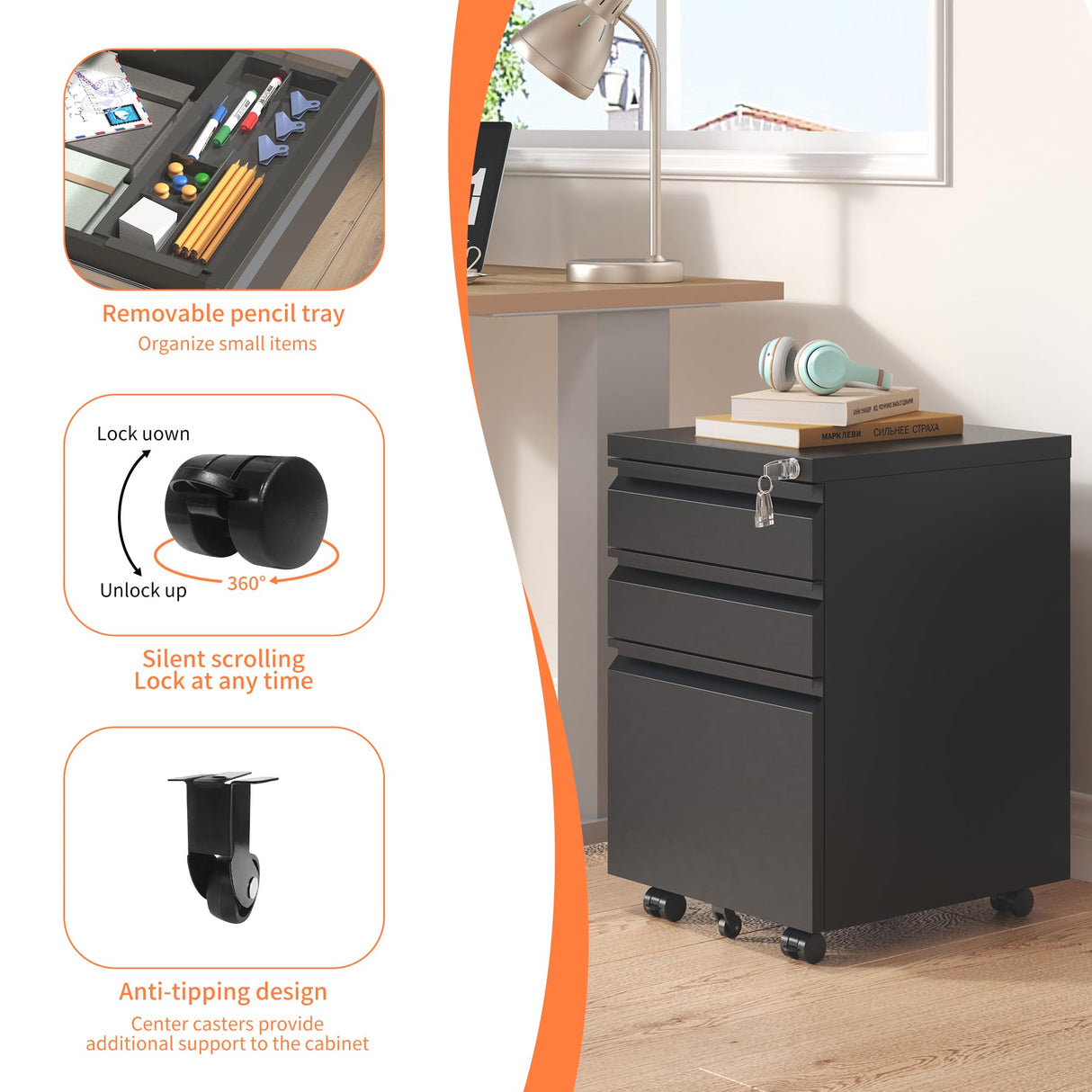 FLIXELIO 3-Drawer Mobile File Cabinet with Lock,Small Rolling Metal Office Storage Filing Cabinet Under Desk,Vertical Locking File Cabinets with FLIXELIO