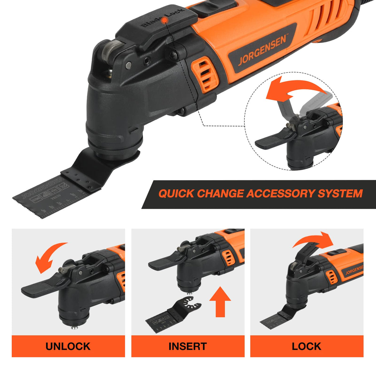 JORGENSEN Oscillating Tool 5°Oscillation Angle, 4 Amp Oscillating Multi Tools Saw, 7 Variable Speed with 16-piece Electric Multitool Blades & Jorgensen
