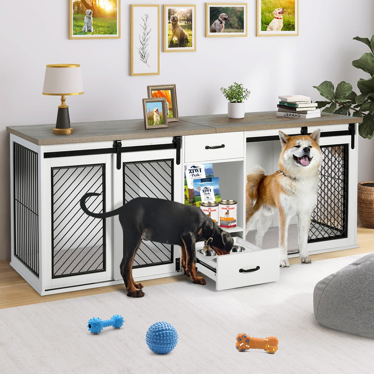 Extra Large Dog Crate Furniture, 85" Sliding Door Double Kennel for 2 Large Dogs Divided, Heavy Duty Wooden Dog Crate Kennel Furniture with 4 Dog okcomuy