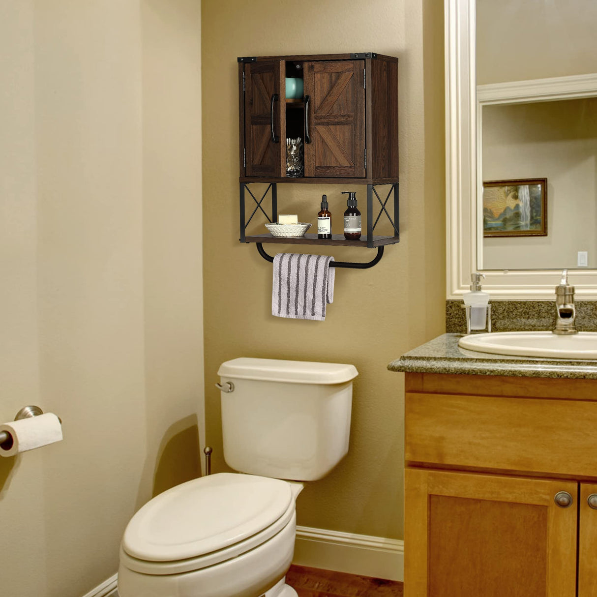 RUSTOWN Farmhouse Rustic Medicine Cabinet with Two Barn Door,Wood Wall Mounted 3-Tier Storage Cabinet with Adjustable Shelf and Towel Bar for RUSTOWN