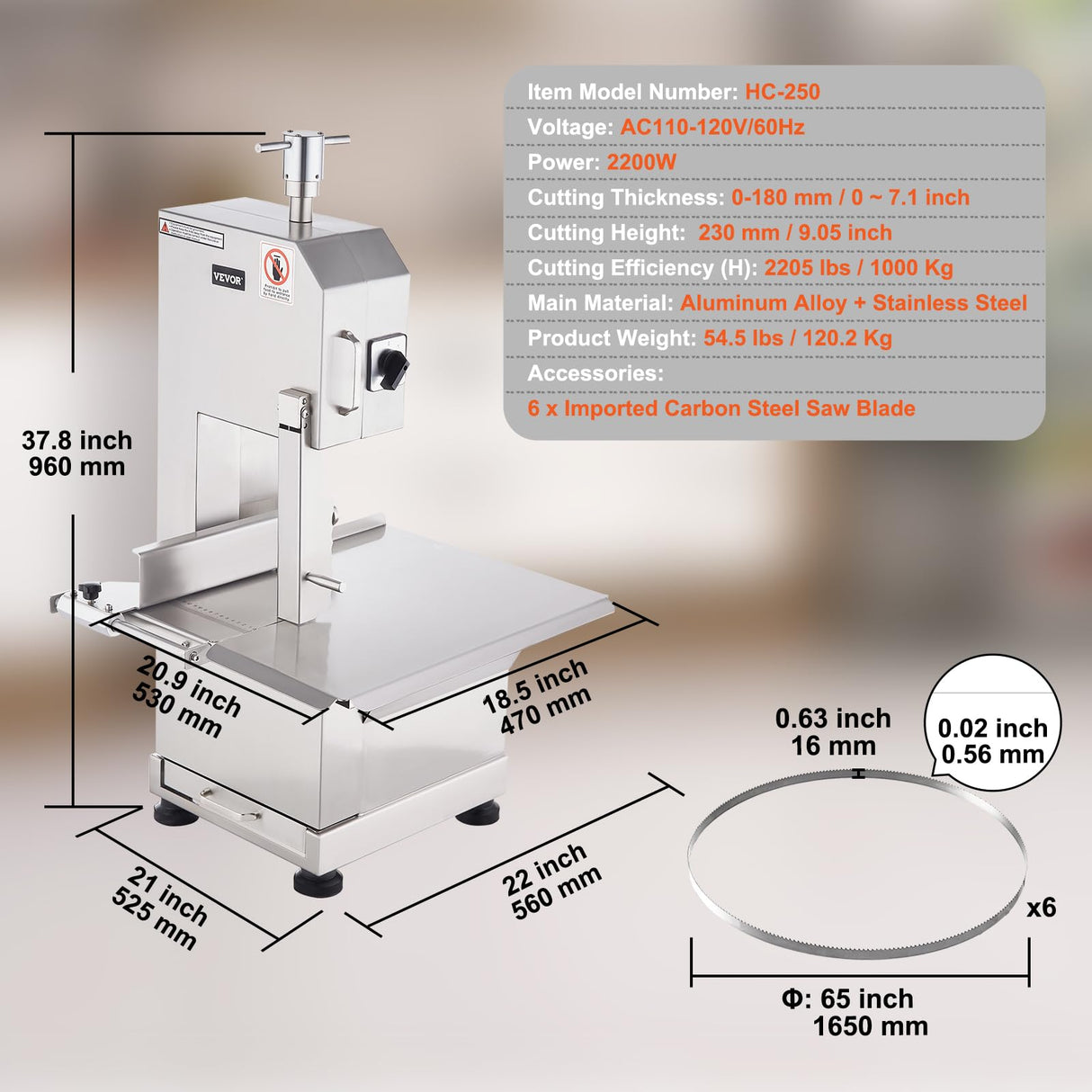 VEVOR Commercial Electric Meat Bandsaw, 2200W Stainless Steel Countertop Bone Sawing Machine, Workbeach 18.5" x 20.9", 0-7.1 Inch Cutting Thickness, VEVOR