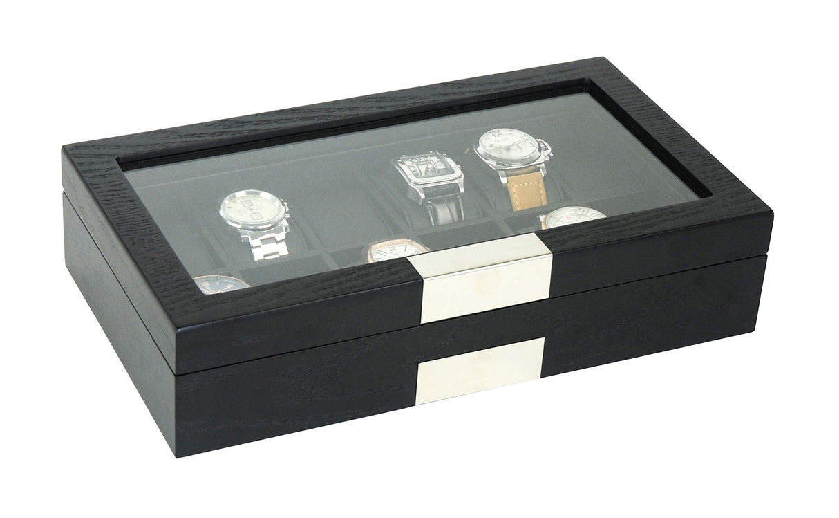 TIMELYBUYS Personalized 12 Black Wood Watch Box Display Case Storage Jewelry Organizer with Glass Top, Stainless Steel Accents, and Oversized Deluxe TIMELYBUYS