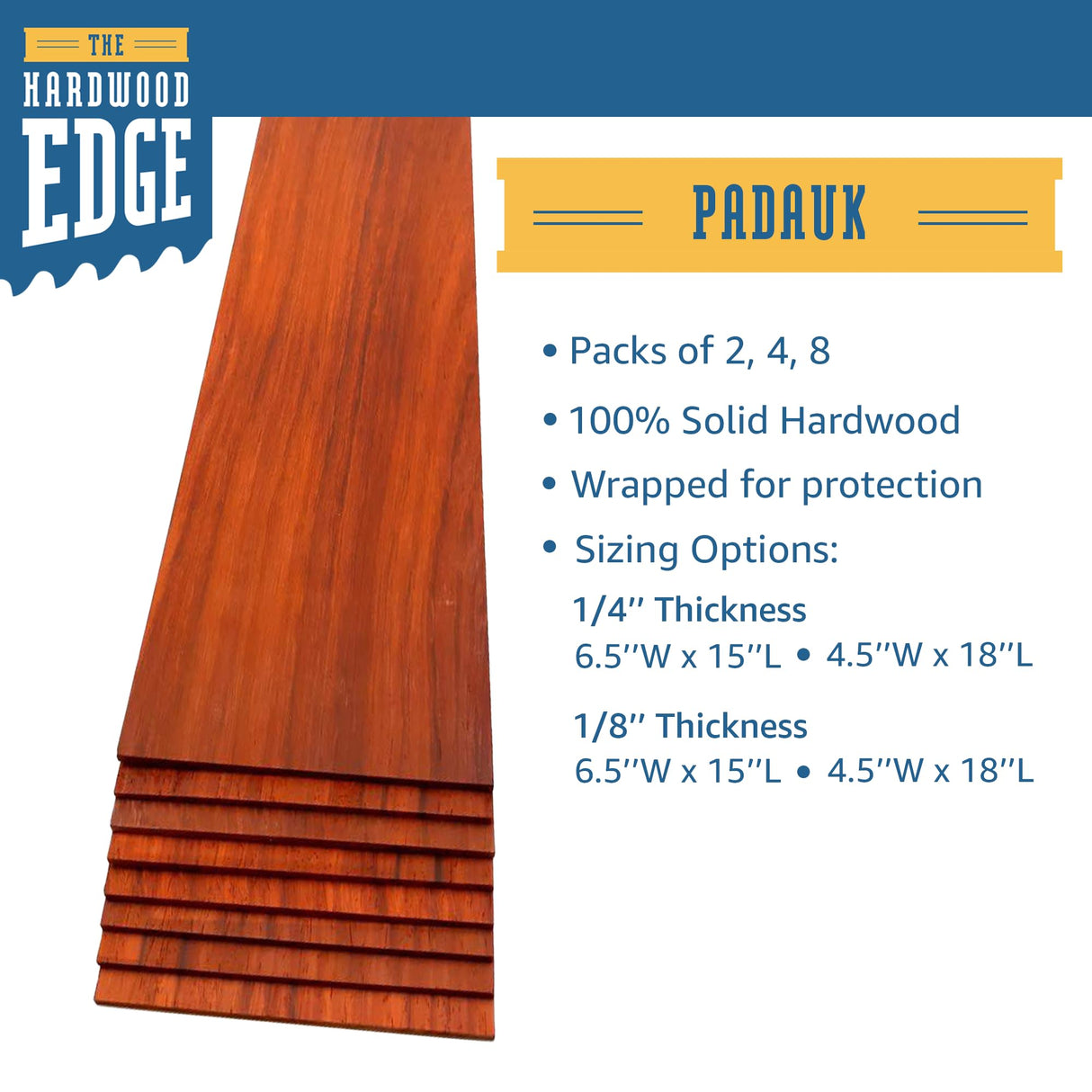 The Hardwood Edge Padauk Hardwood Planks - 2-Pack Padauk Unfinished Wood Blanks - 1/8’’ (3mm) 100% Pure Hardwood - Laser Engraving Blanks - Exotic THE HARDWOOD EDGE