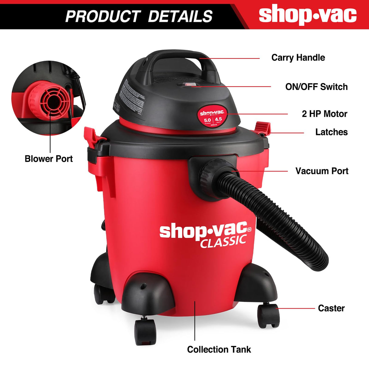 Shop-Vac 5 Gallon 4.5 Peak HP Wet/Dry Vacuum, Portable Heavy-Duty Shop Vacuum 3 in 1 Function with Attachments for House, Garage, Car & Workshop, Shop-Vac