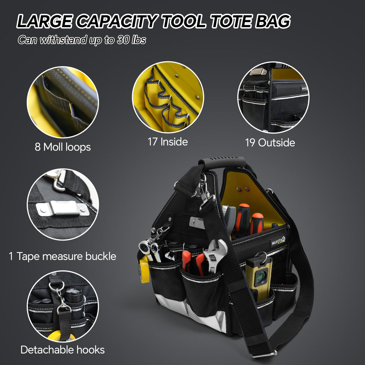 MARUTAI 12'' Tool Tote Bag, 44 Pockets Open Tool Bag, Tool Tote with Adjustable Straps and Waterproof Base, Tool Storage Bags for Men and Women MARUTAI TOOL STORAGE