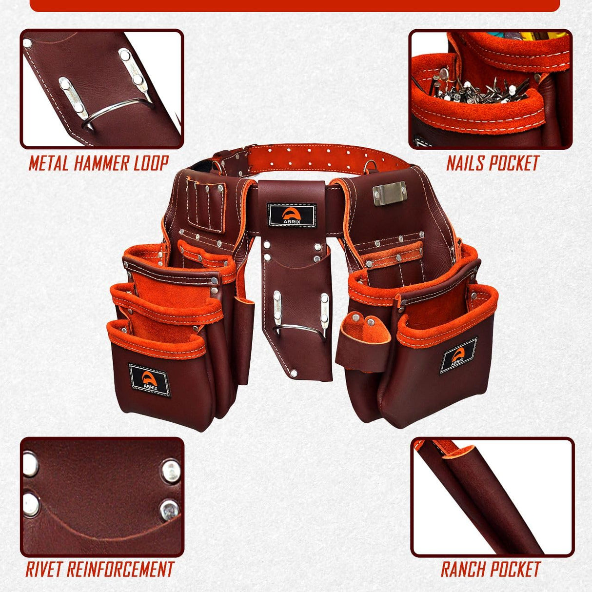 ABRIX Premium Oil Tanned Leather Tool Belt,PRO-280 Tool Pouch,Heavy Duty Leather Tool Belt, Tool Bag 28 Pockets,Tool Belt/Pouch For Framer (Maroon Abrix