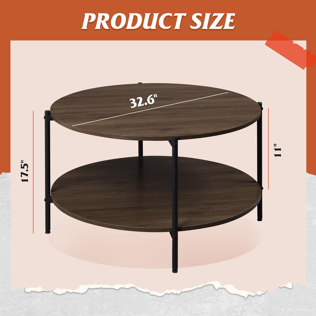 WLIVE Round Coffee Table, Living Room Table with 2-Tier Storage Shelf,32in Wood Modern Coffee Table with Metal Frame and Wood Desktop,Easy WLIVE