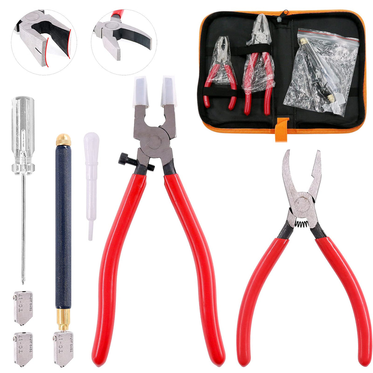 Swpeet 9Pcs Glass Cutter Tool Kit, Breaker Grozer Pliers and Curve Jaw Glass Running Pliers Kit with Rubber Tips, Pencil Oil Feed Carbide Tip Glass Swpeet