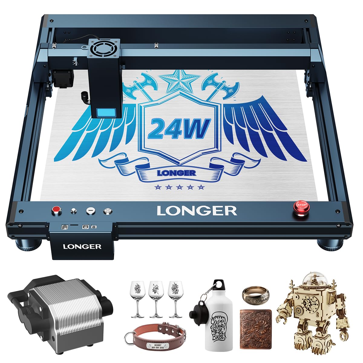 Longer Laser B1 Engraver, 24W Laser Engraver Machine with Air Assist, 120W DIY Precisely Laser CuttingMachine, High-Speed 20000mm/min, Precise Longer
