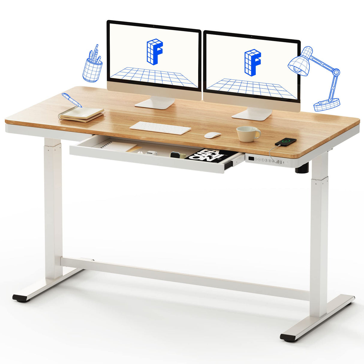 FLEXISPOT 55" Electric Standing Desk with Drawers, Quick Assembly Home Office Sit Stand Desk with Storage, USB Charging, Computer Desk for Home FLEXISPOT