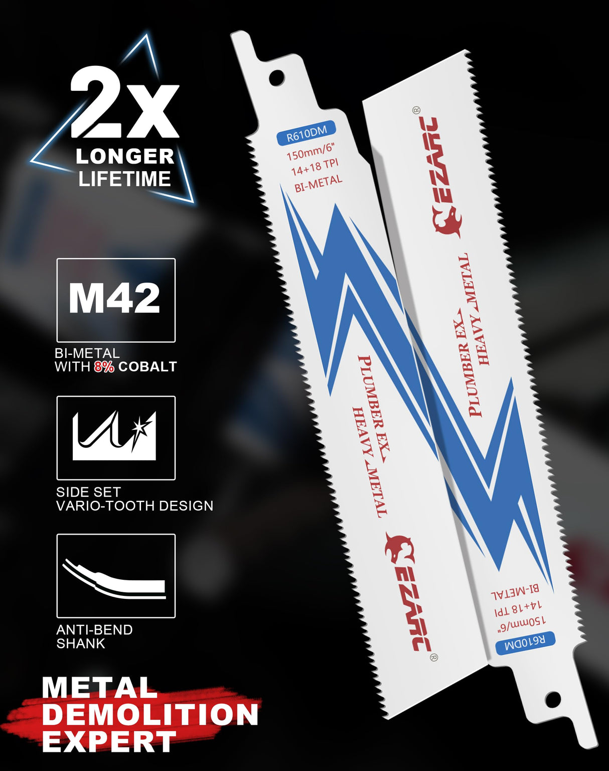 EZARC Reciprocating Saw Blade, 6-Inch Bi-Metal Sawzall Blades 14+18TPI for Steel Demolition R610DM (5-Pack) EZARC