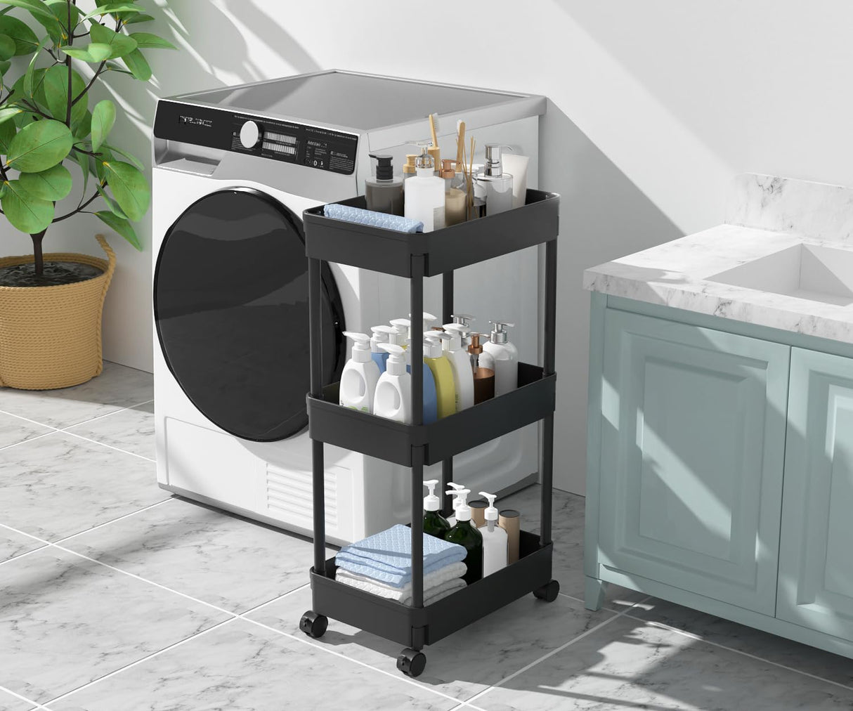 Sooyee 3-Tier Plastic Rolling Utility Cart with Wheels, Multi-Functional Storage Trolley for Office, Living Room, Kitchen, Movable Storage Organizer Sooyee