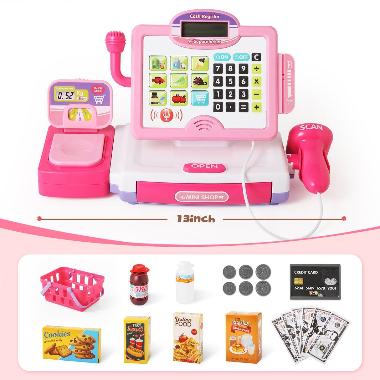 Pretend Play Calculator Cash Register Toy Gift for Kids Girls Age 3, 4, 5, 6, 7, 8+ Year Old, 57 Pcs Pink Grocery Store Playset, Incl Microphone, BAODLON