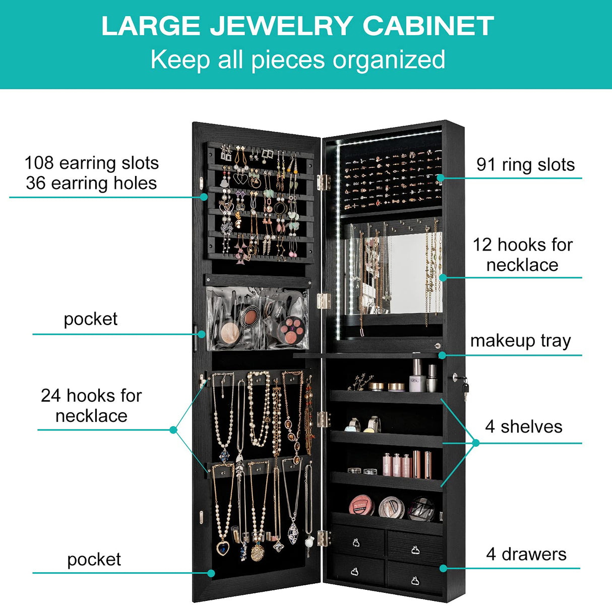 CHARMAID LED Strip Jewelry Armoire with 47.2" H Full Length Mirror, Wall/Door Mounted Jewelry Organizer with Built-in Mirror, Flip-over Cosmetic CHARMAID