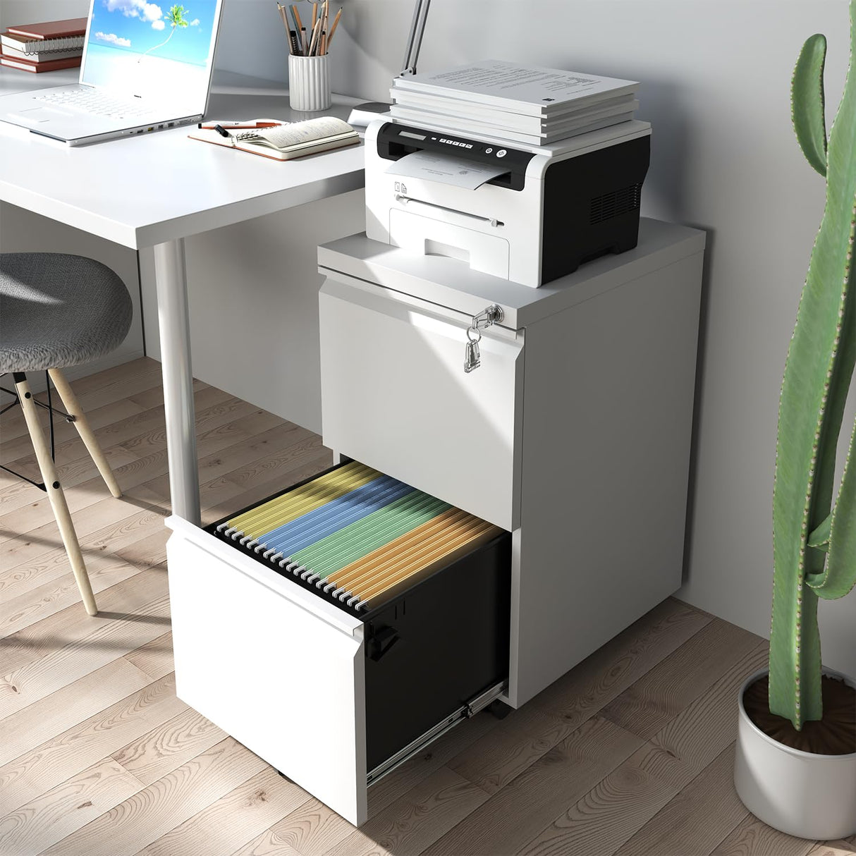 BIZOEIRON 2 Drawer Mobile File Cabinet,Under Desk Metal Filing Cabinet with Lock and Wheels,Rolling File Cabinet for Home Office Legal/Letter/A4 File BIZOEIRON