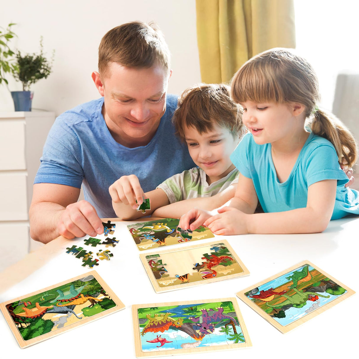 Wooden Puzzles Dinosaur Toys for Kids Ages 3-5, Set of 4 Packs with 24-Piece Wood Jigsaw Puzzles, Preschool Educational Brain Teaser Boards for Boys NASHRIO