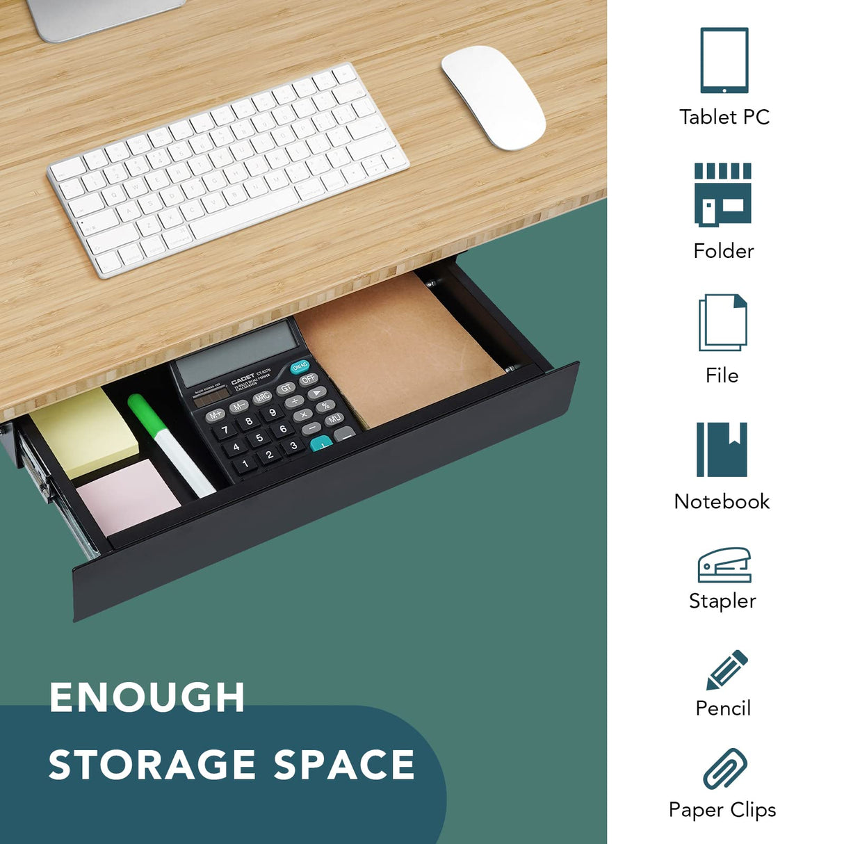 FLEXISPOT Under Desk Pull-Out Drawer Standing Desk Storage Organizer, Sliding Security Workstation Drawers (L, Black) FLEXISPOT