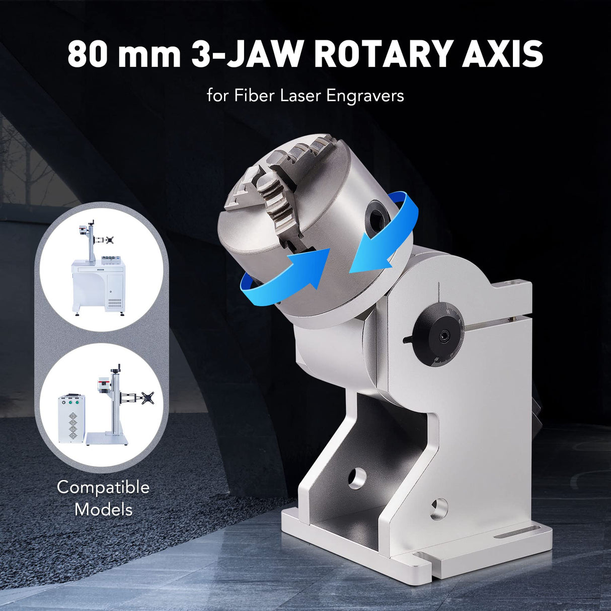 OMTech Rotary Axis Attachment for Fiber Laser Engravers, 80mm 3 Jaw Rotary Chuck Ring Jewelry Marking Tool, Laser Engraving Machine Rotary Tool with OMTech