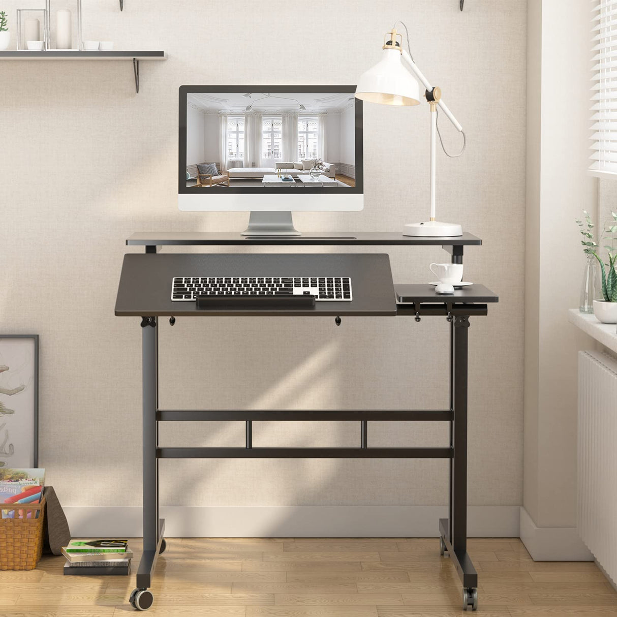 sogesfurniture Height Adjustable Sit Stand Workstation Mobile Standing Desk Home Office Desk with Standing and Seating,Black BHUS-101-2BK sogesfurniture