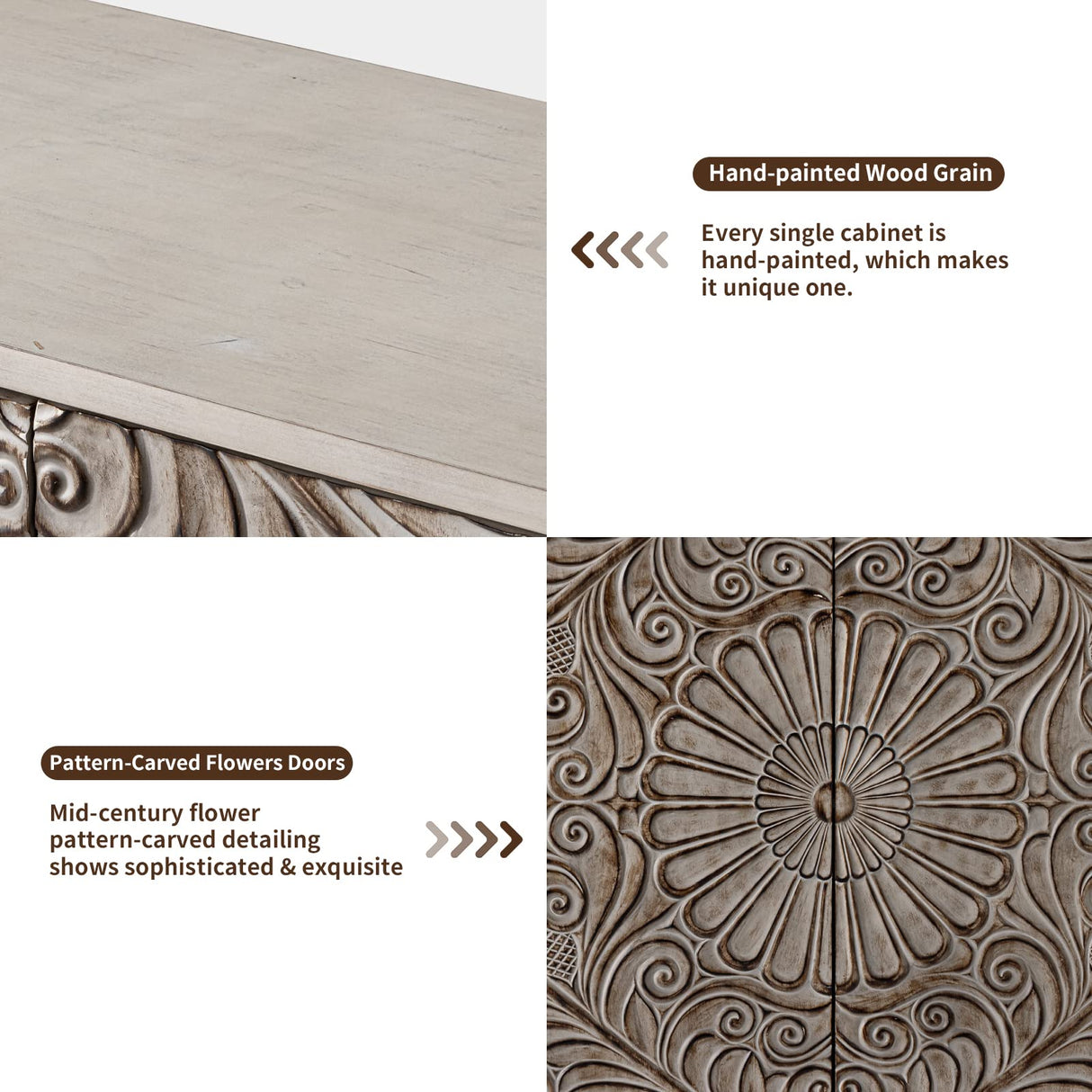 HOMPUS Accent Cabinet w Flower Pattern Doors & Shelf,Rustic Boho Decorative Cabinet w Wood Grain Finish,Buffet Sideboard Storage Cabinet,Coffee Bar HOMPUS