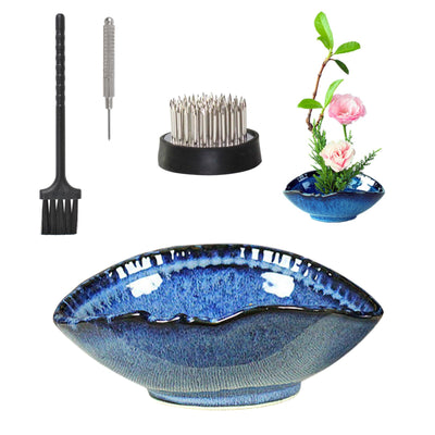 WANDIC Floral Arranging Vase, Blue Irregular Oval Shape Ceramic Ikebana Vases with 3.5cm Mini Round Flower Frog for Ikebana Floral Arrangement Art