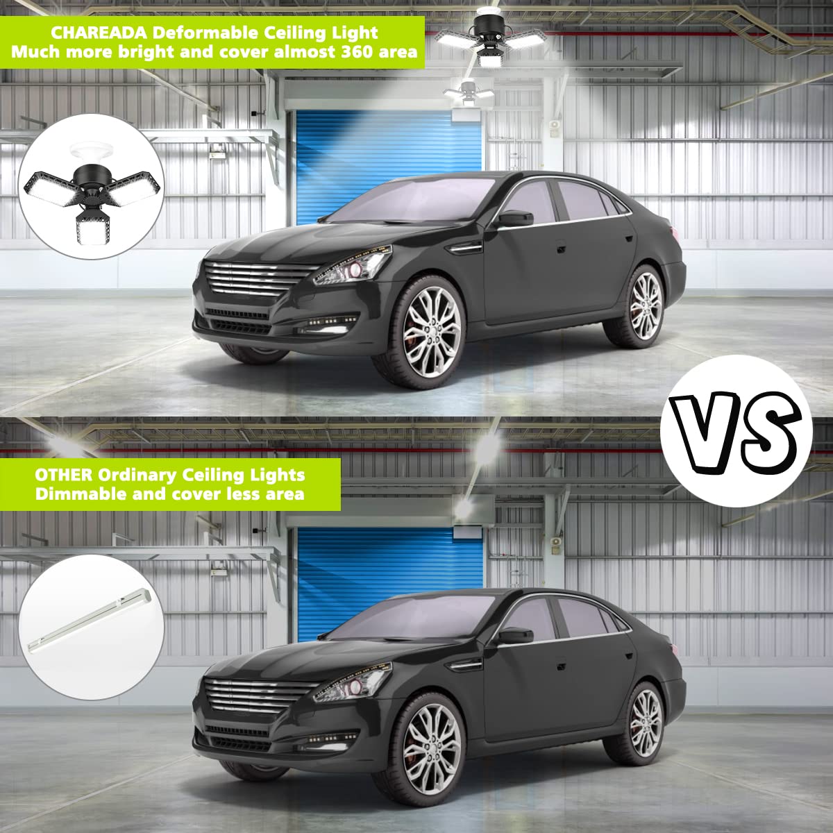 4 Pack Led Garage Lights, 60W Deformable Garage Ceiling Light 8000lm E26 Basement Lights with 3 Adjustable Led Panels 270° – Fits for Garage, CHAREADA