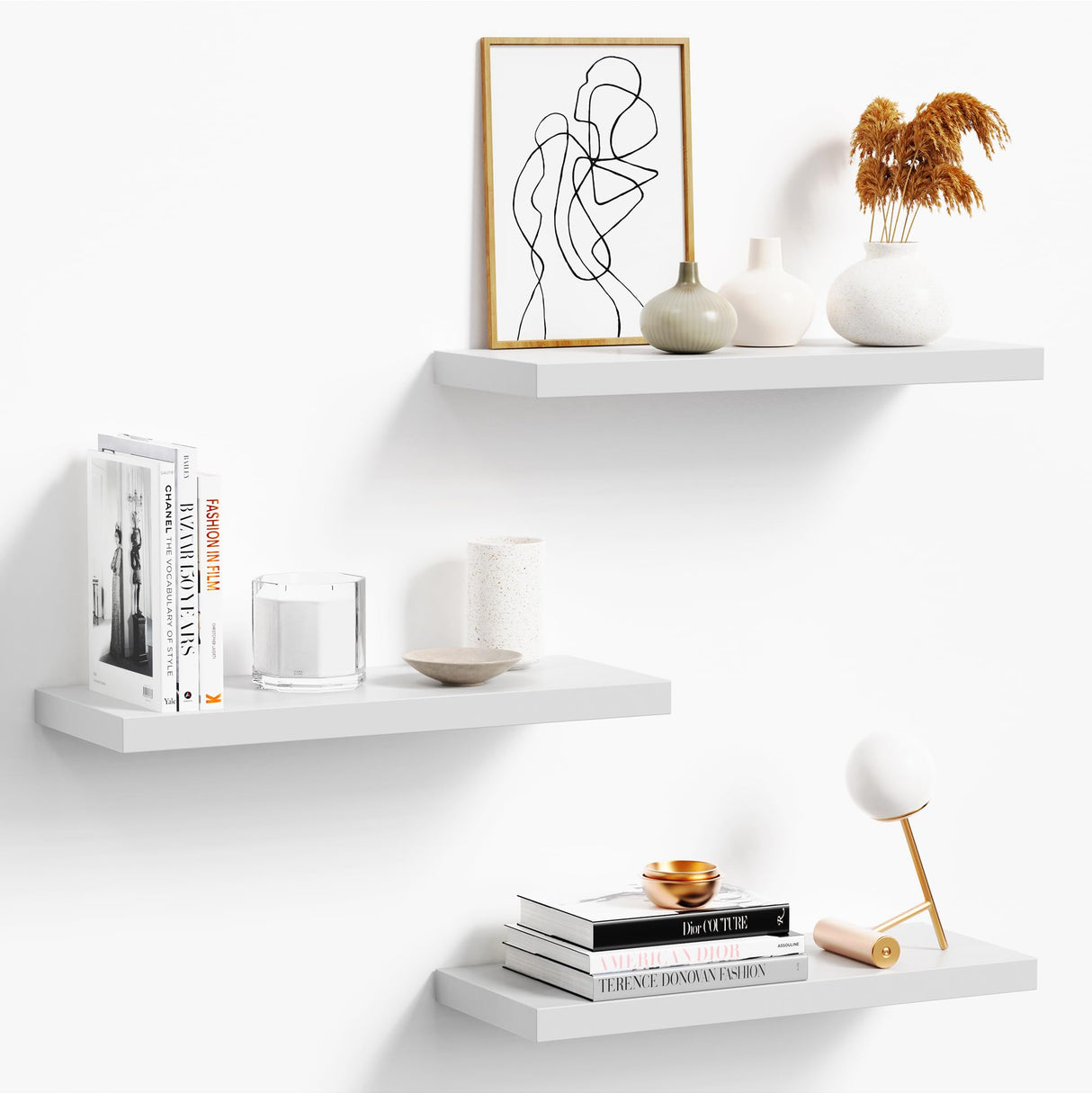 oridom Set of 3 White Floating Shelves for Wall - Modern Wood Display Shelves for Every Room oridom
