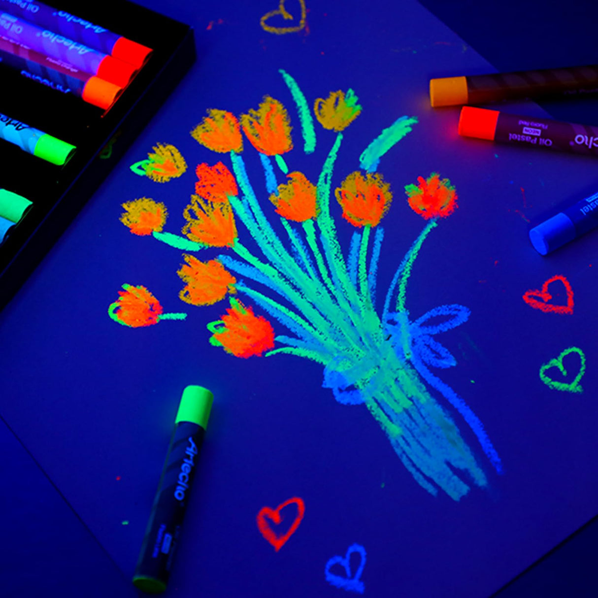 Artecho Neon Oil Pastels Set of 12 Colors (10x70mm), Soft Oil Pastels for Art Painting, Drawing, Blending, Oil Crayons Pastels Art Supplies for Artecho