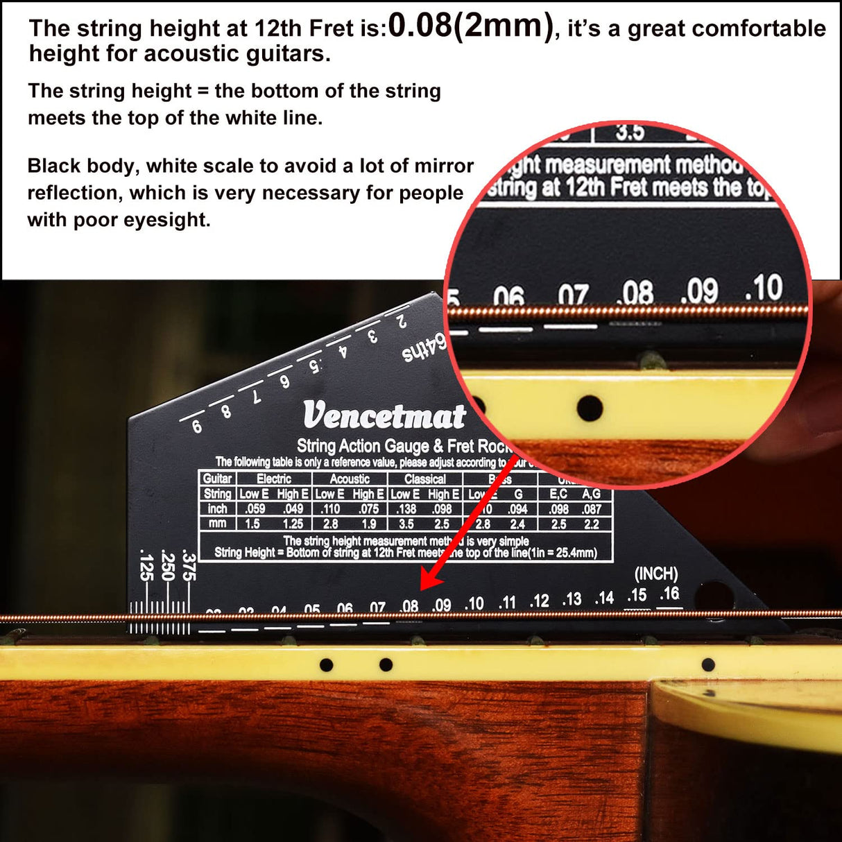 Vencetmat Guitar String Action Gauge, String Height Ruler, Guitar Fret Rocker, Fret Leveling Guide, Buzzing Fret Catcher, 1mm Thickness, Laser VENCETMAT