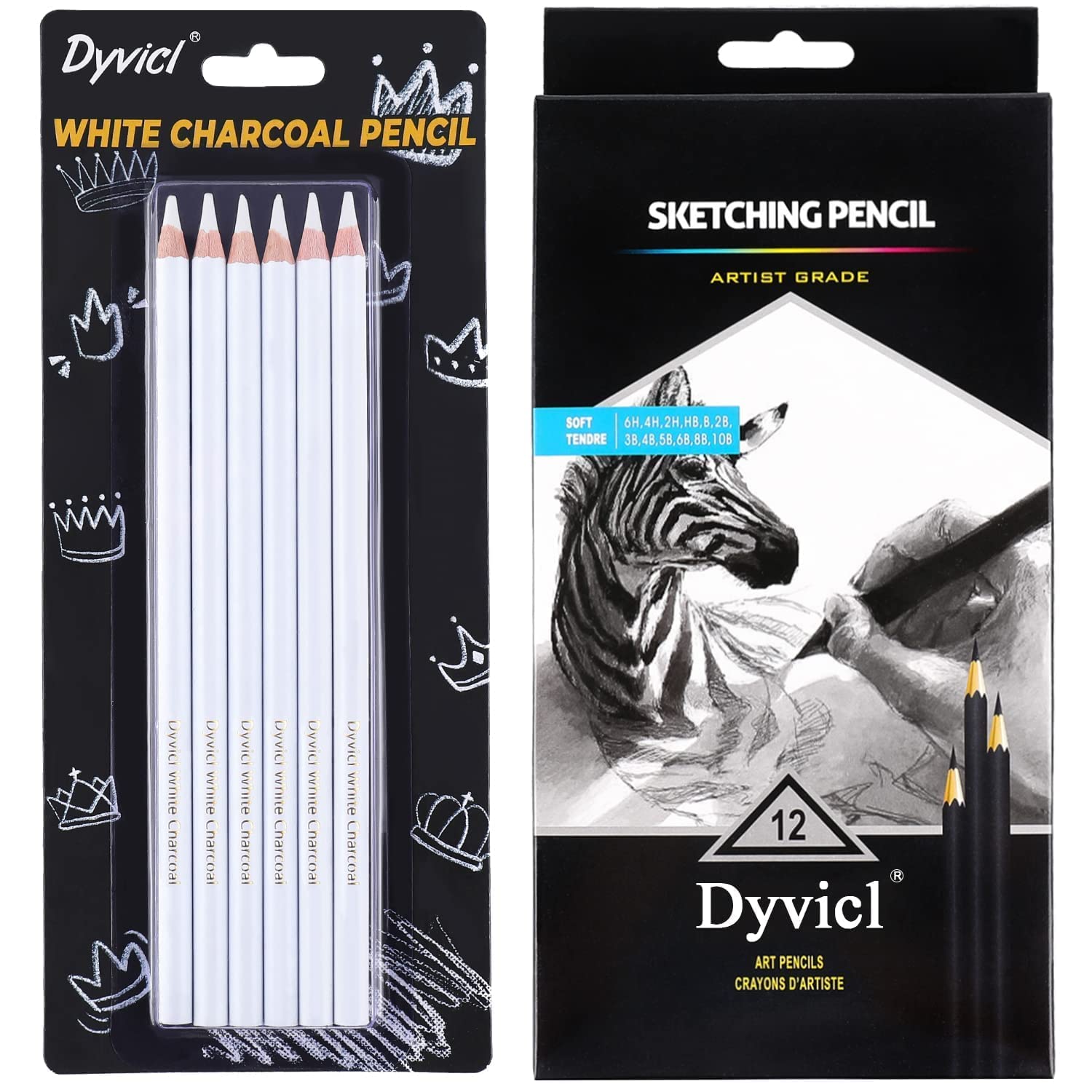 Dyvicl Drawing Sketching Pencil Set and White Charcoal Pencils