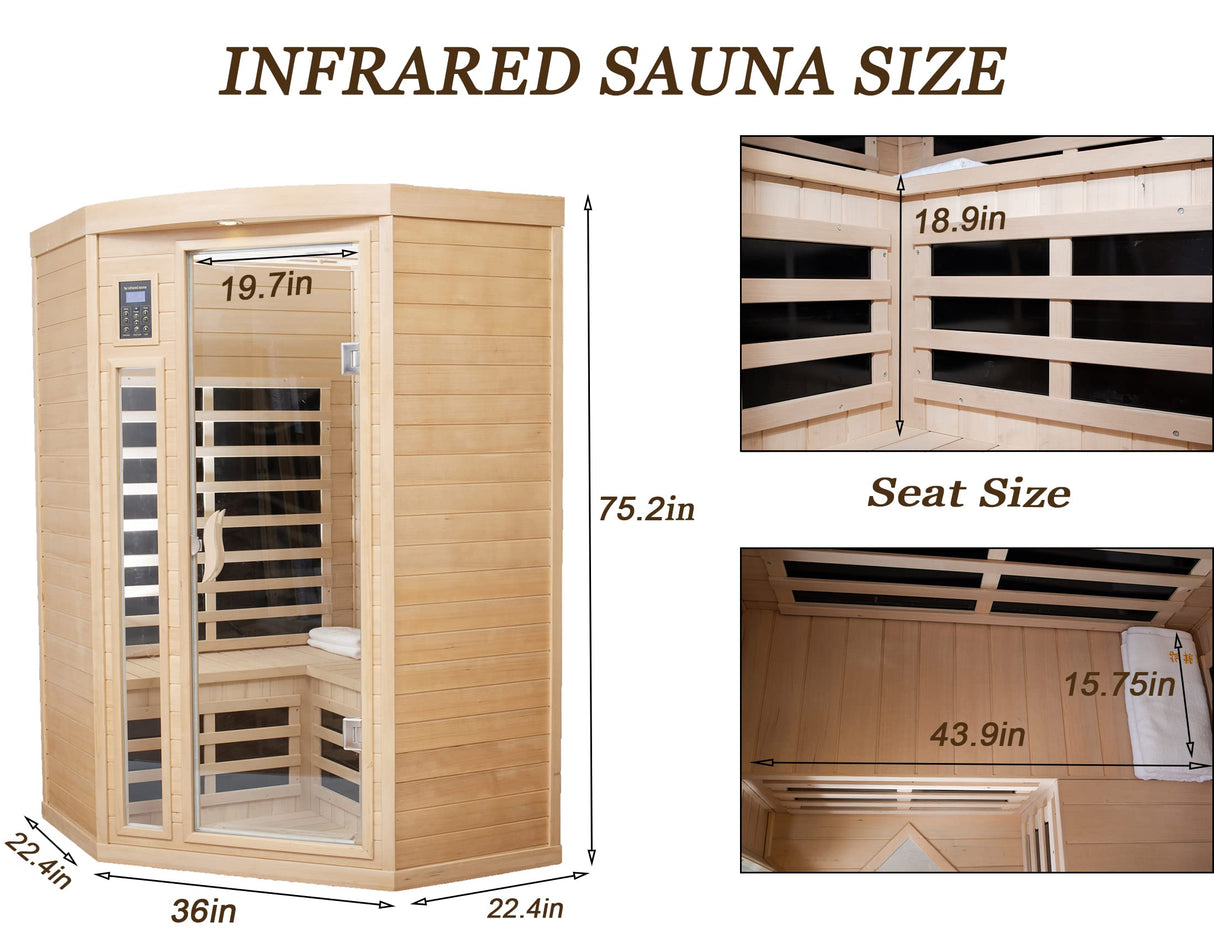 SALUSHEAT Far Infrared Wooden Sauna Room, 2 Person Home Sauna, Canadian Hemlock Indoor Corner Sauna Spa, 7 Low EMF Heaters, 2 Bluetooth Speakers, 2 SALUSHEAT