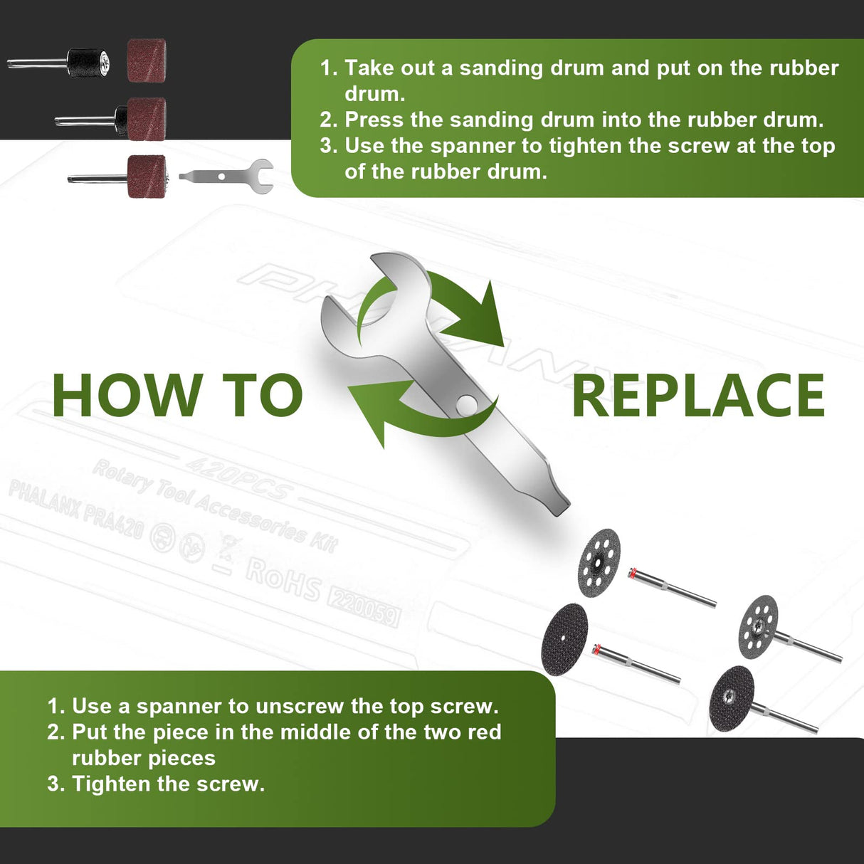 PHALANX Rotary Tool Accessory Kit, 420 Pcs Accessories Kit, 1/8"(3.2mm) Diameter Shanks, Universal Fitment All Rotary Tool for Easy Cutting, Sanding, PHALANX