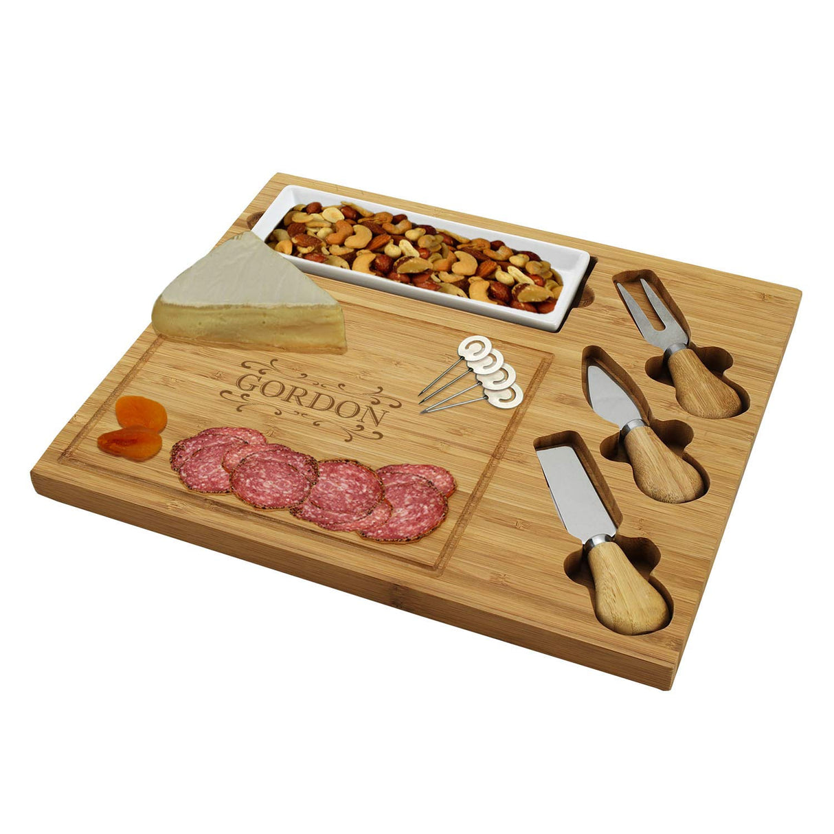Picnic at Ascot Custom Personalized Engraved Bamboo Cutting Board for Cheese & Charcuterie with Ceramic Dish, Knife Set & Cheese Markers USA Picnic at Ascot