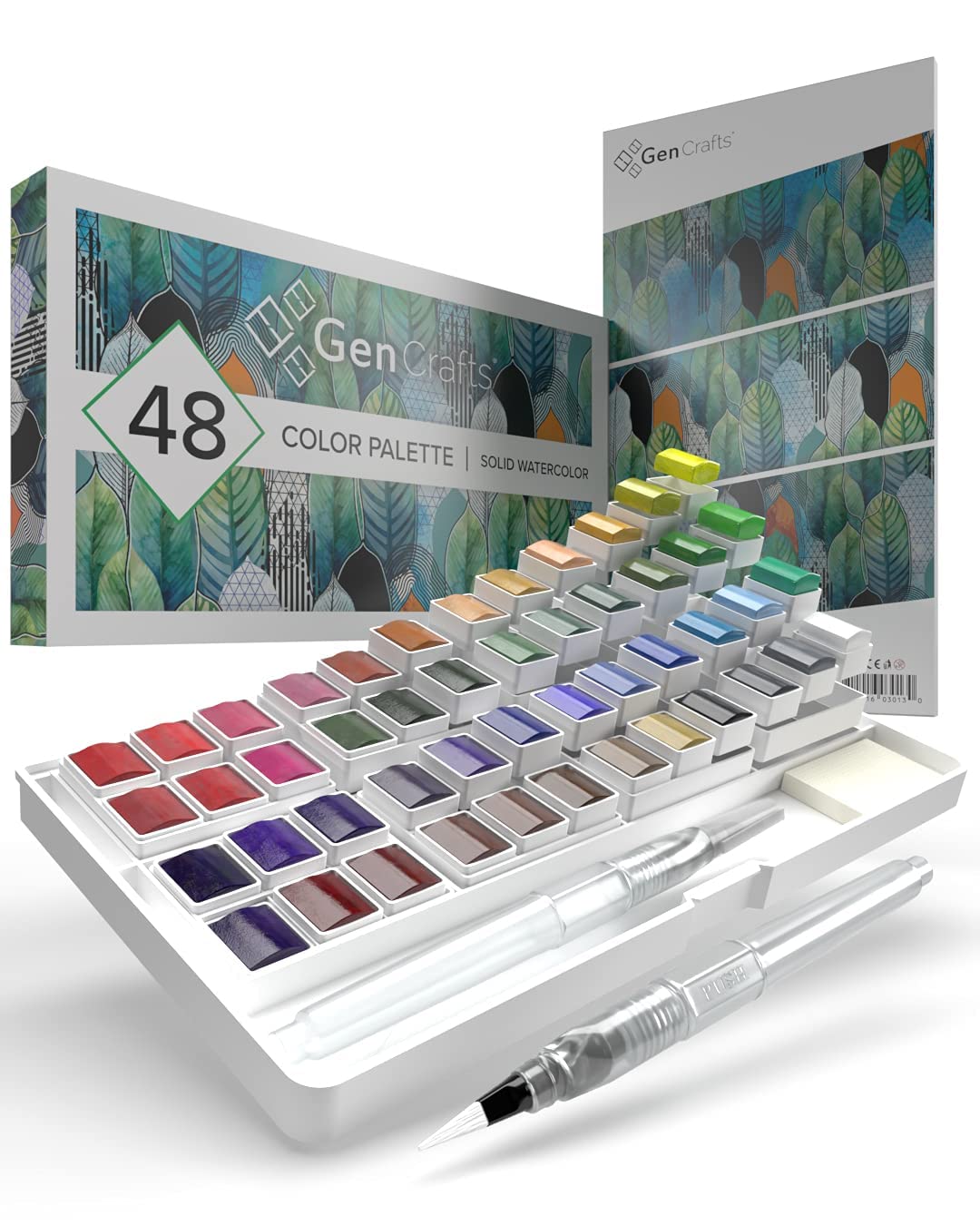 GenCrafts Watercolor Paint Palette with Bonus Paper Pad Includes 48 Premium Colors - 2 Refillable Water Blending Brush Pens - 15 Sheets of Water GenCrafts