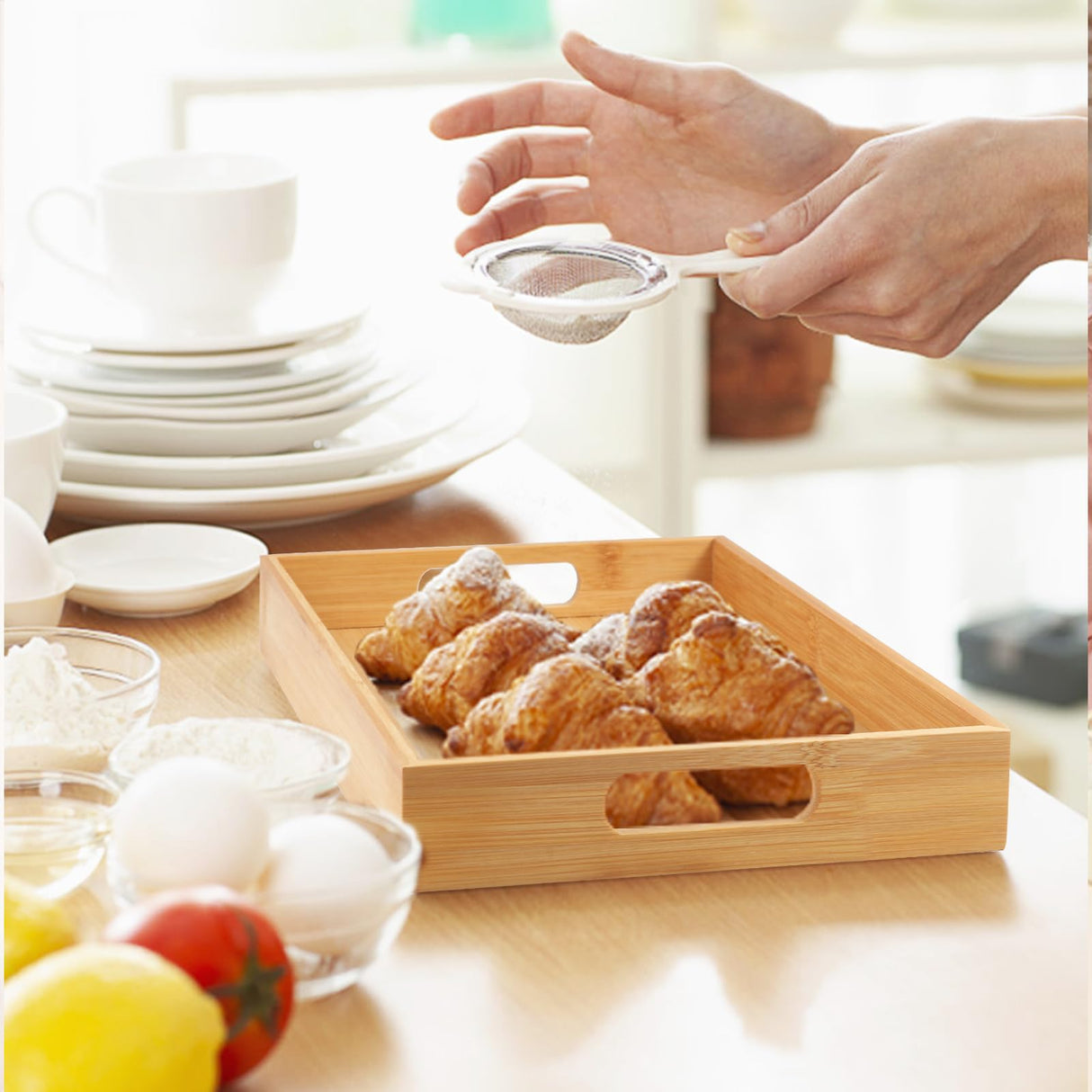 Krimax Serving Tray with Handles, Bamboo Breakfast Tray Wooden Trays Decorative Serving Platter for Eating, Working, Storing, Used in Bedroom, Krismax